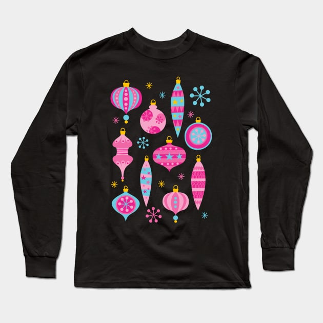 Retro Christmas Ornaments Pink - Mid Century Modern - Black Long Sleeve T-Shirt by PUFFYP